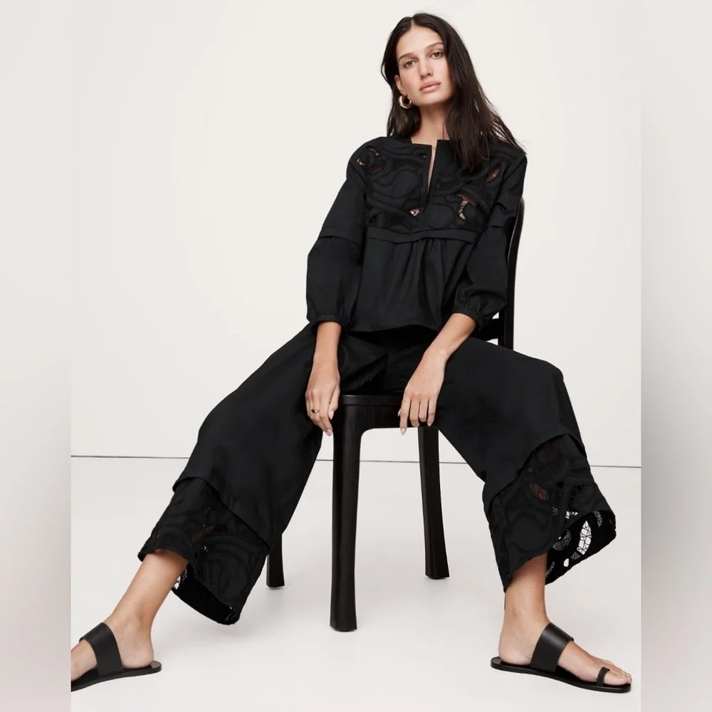 NWT! BR High-Rise Wide-Leg Embroidered Cotton Poplin Cropped Pull-On Pant📙